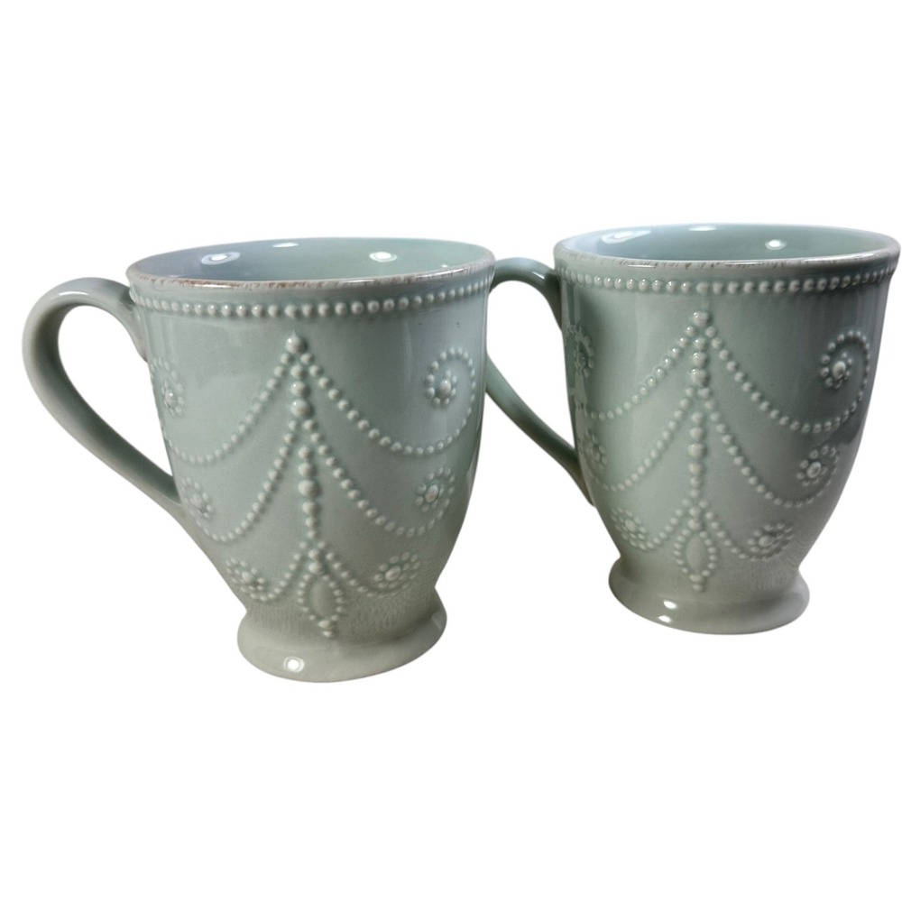 Lenox French Perle Bead Ice Blue Mug Set of 2 Stoneware Tea Coffee Cups
